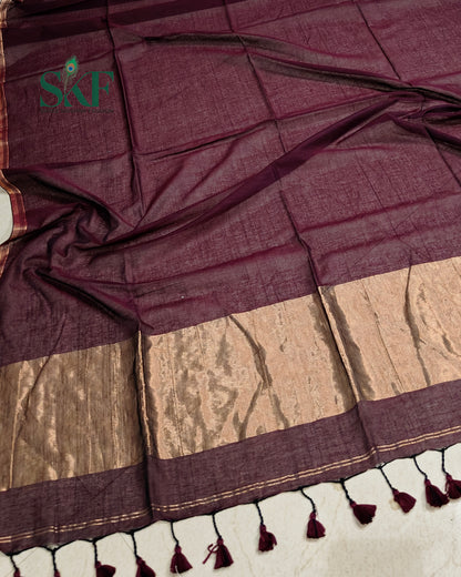 COTTON PLAIN WEAVING PALLU WINE & BRONZE SAREE BY SKFBHOLUBHAI