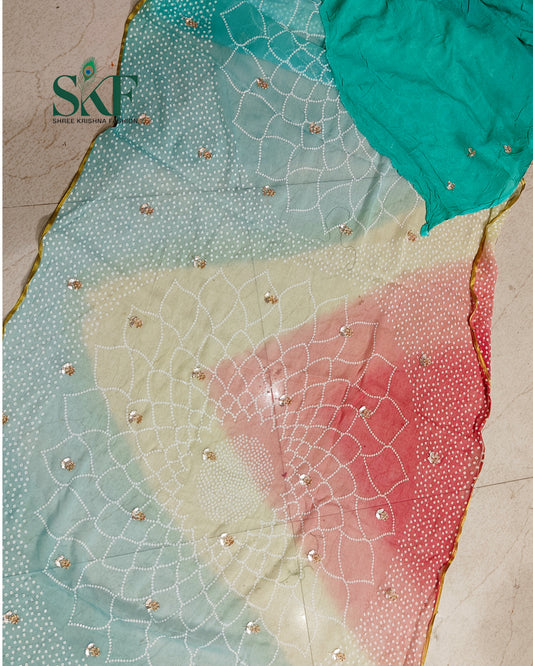 CHIFFON BHANDHANI HANDWORK BUTTY RAMAGREEN OMBRE DYE SAREE BY SKFBHOLUBHAI