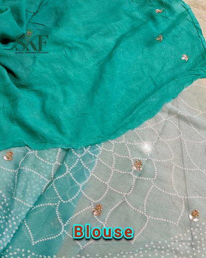 CHIFFON BHANDHANI HANDWORK BUTTY RAMAGREEN OMBRE DYE SAREE BY SKFBHOLUBHAI