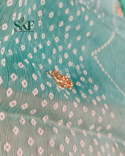 CHIFFON BHANDHANI HANDWORK BUTTY RAMAGREEN OMBRE DYE SAREE BY SKFBHOLUBHAI