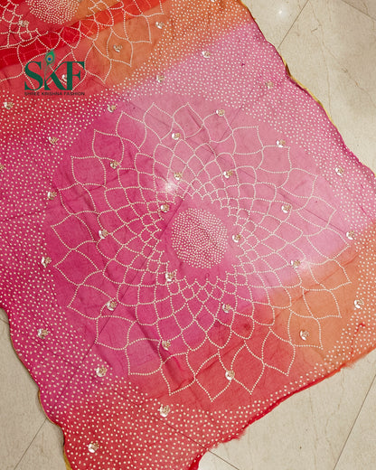 CHIFFON BHANDHANI HANDWORK BUTTY PINK OMBRE DYE SAREE BY SKFBHOLUBHAI