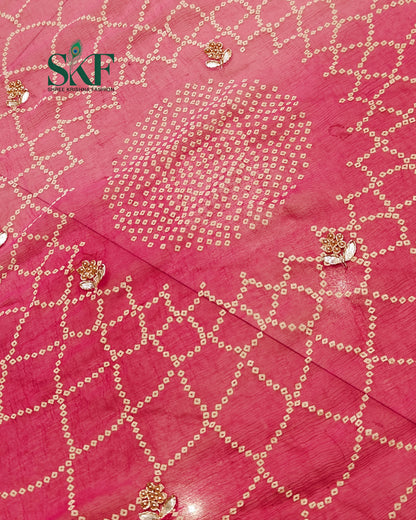 CHIFFON BHANDHANI HANDWORK BUTTY PINK OMBRE DYE SAREE BY SKFBHOLUBHAI