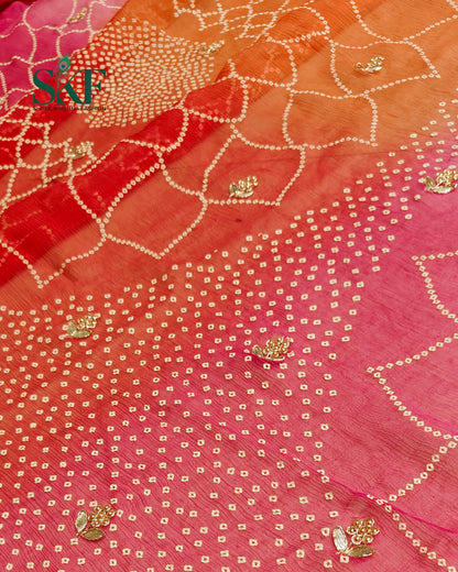 CHIFFON BHANDHANI HANDWORK BUTTY PINK OMBRE DYE SAREE BY SKFBHOLUBHAI