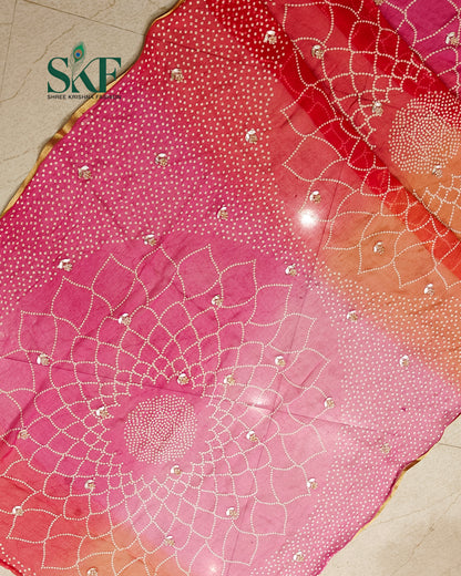 CHIFFON BHANDHANI HANDWORK BUTTY PINK OMBRE DYE SAREE BY SKFBHOLUBHAI