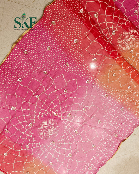 CHIFFON BHANDHANI HANDWORK BUTTY PINK OMBRE DYE SAREE BY SKFBHOLUBHAI