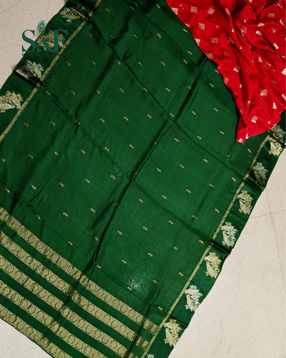 HO SILK PARROT BORDER ZARI BUTTY WEAVING WORK BOTTLE GREEN SAREE BY SKFBHOLUBHAI