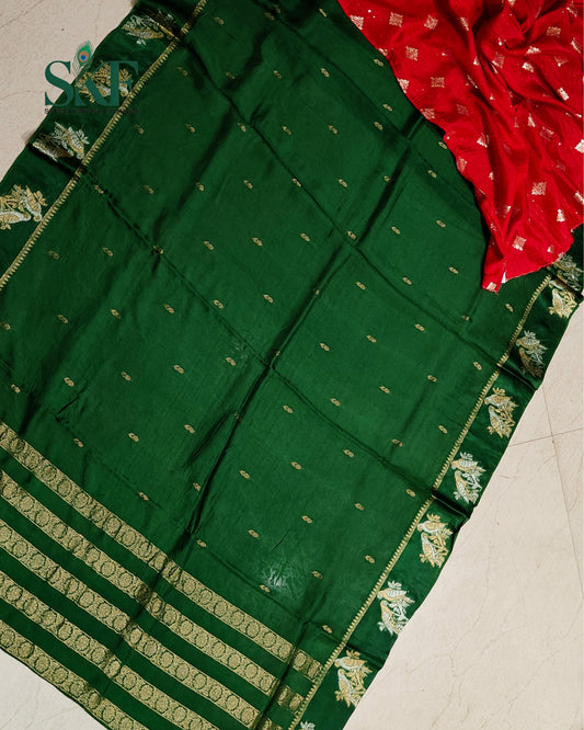 HO SILK PARROT BORDER ZARI BUTTY WEAVING WORK BOTTLE GREEN SAREE BY SKFBHOLUBHAI