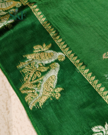 HO SILK PARROT BORDER ZARI BUTTY WEAVING WORK BOTTLE GREEN SAREE BY SKFBHOLUBHAI