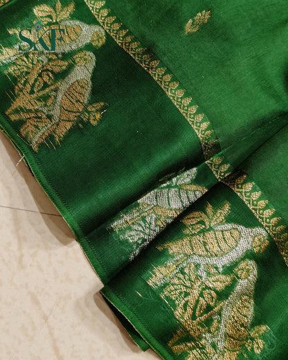 HO SILK PARROT BORDER ZARI BUTTY WEAVING WORK BOTTLE GREEN SAREE BY SKFBHOLUBHAI