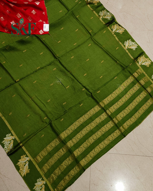 HO SILK PARROT BORDER ZARI BUTTY WEAVING WORK MEHNDI GREEN SAREE BY SKFBHOLUBHAI