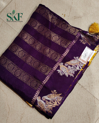 HO SILK PARROT BORDER ZARI BUTTY WEAVING WORK BRINJAL PURPLE SAREE BY SKFBHOLUBHAI
