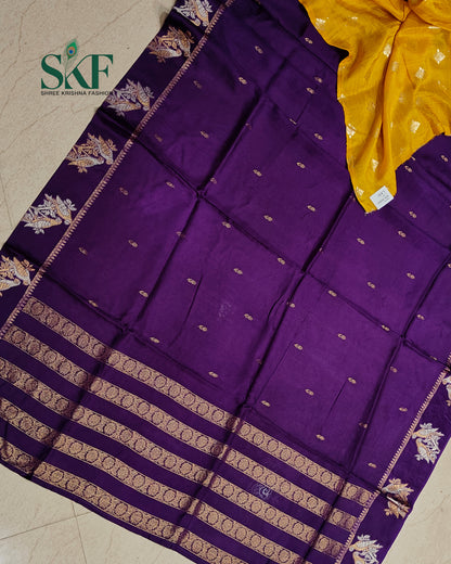 HO SILK PARROT BORDER ZARI BUTTY WEAVING WORK BRINJAL PURPLE SAREE BY SKFBHOLUBHAI