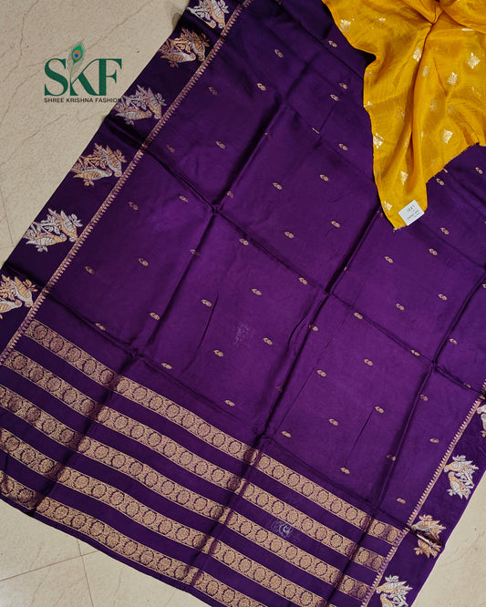 HO SILK PARROT BORDER ZARI BUTTY WEAVING WORK BRINJAL PURPLE SAREE BY SKFBHOLUBHAI
