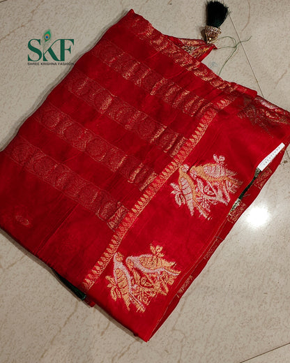 HO SILK PARROT BORDER ZARI BUTTY WEAVING WORK RED SAREE BY SKFBHOLUBHAI