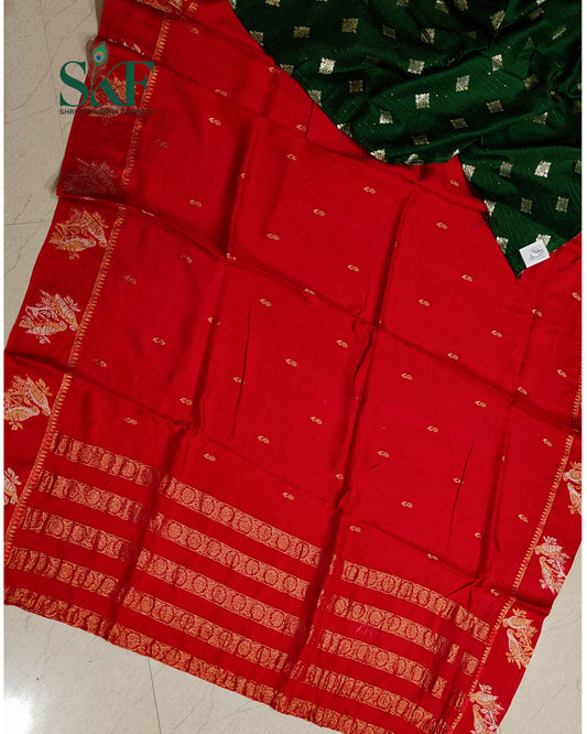 HO SILK PARROT BORDER ZARI BUTTY WEAVING WORK RED SAREE BY SKFBHOLUBHAI