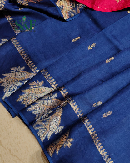 HO SILK PARROT BORDER ZARI BUTTY WEAVING WORK NAVY BLUE SAREE BY SKFBHOLUBHAI