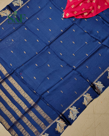 HO SILK PARROT BORDER ZARI BUTTY WEAVING WORK NAVY BLUE SAREE BY SKFBHOLUBHAI