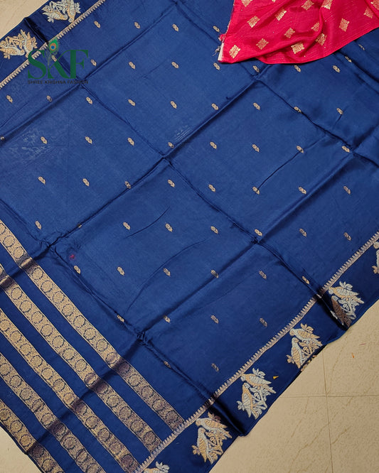 HO SILK PARROT BORDER ZARI BUTTY WEAVING WORK NAVY BLUE SAREE BY SKFBHOLUBHAI