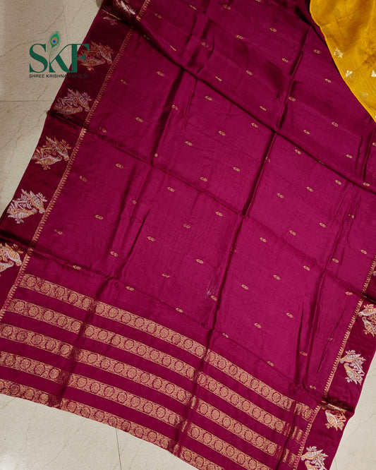HO SILK PARROT BORDER ZARI BUTTY WEAVING WORK WINE SAREE BY SKFBHOLUBHAI