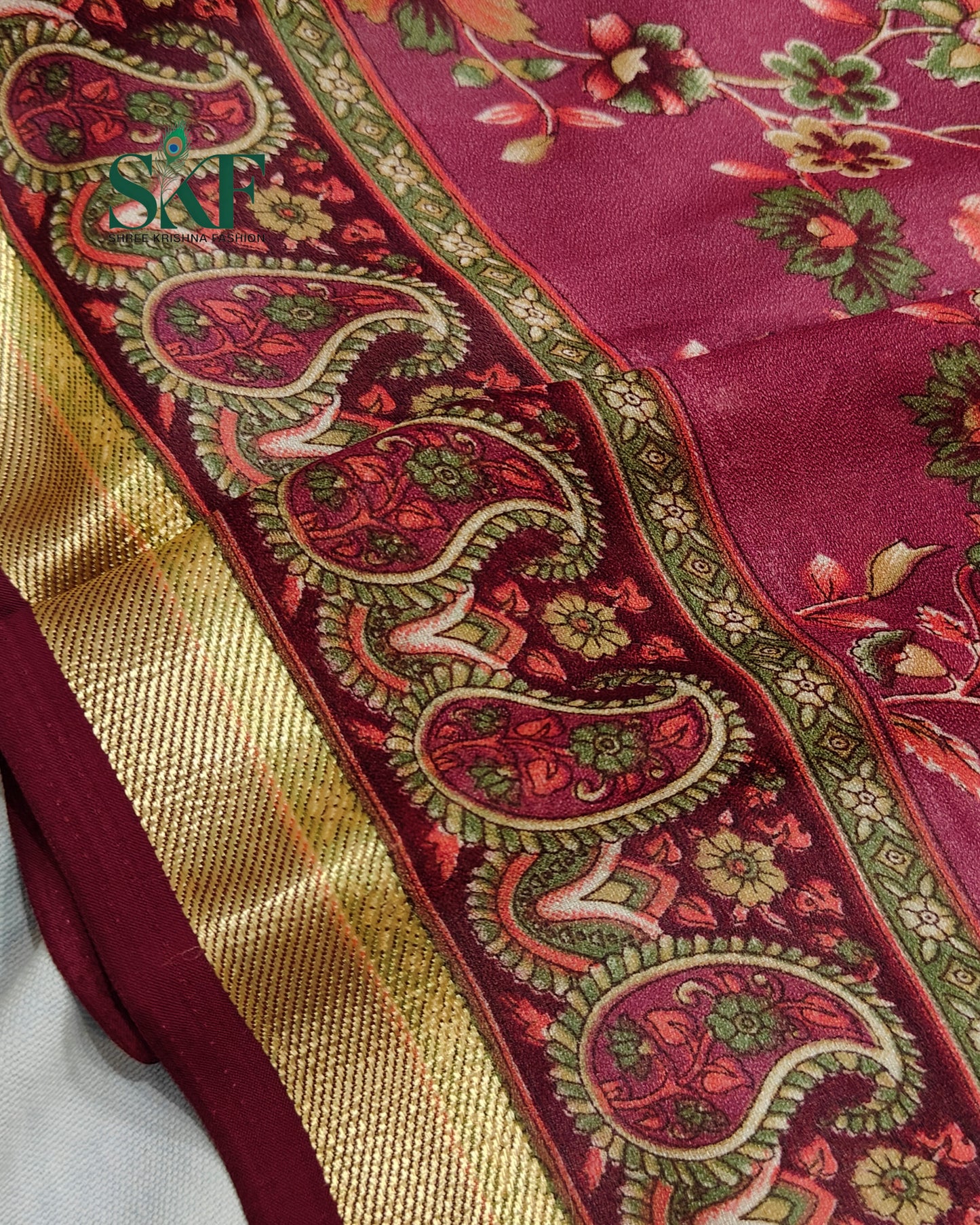 MARBLE GEORGETTE FLORAL PRINT DAILYWEAR BURGENDY SAREE BY SKFBHOLUBHAI