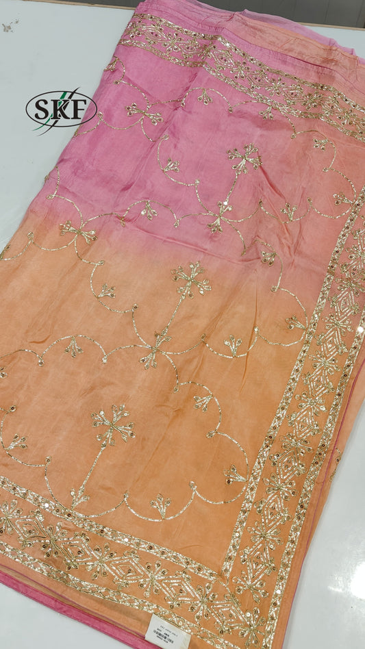 HO SILK OMBRE DYE KHACHA GOTTA JAAL WORK PINK OMBRE DYE SAREE BY SKFBHOLUBHAI