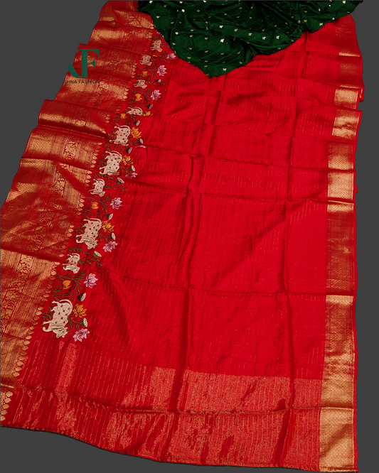 DOLA SILK MOTIF EMBROIDERY PANEL WEAVING BORDER WORK RED SAREE BY SKFBHOLUBHAI