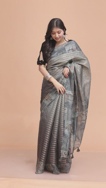 Pure Digital Linen Zari Lining Saree