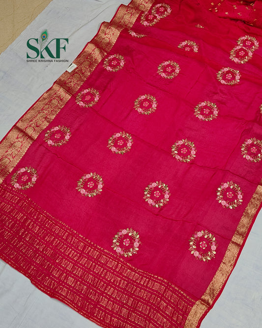 CHINON SEQUENCE EMBROIDERY WEAVING  WORK RANIPINK SAREE BY SKFBHOLUBHAI