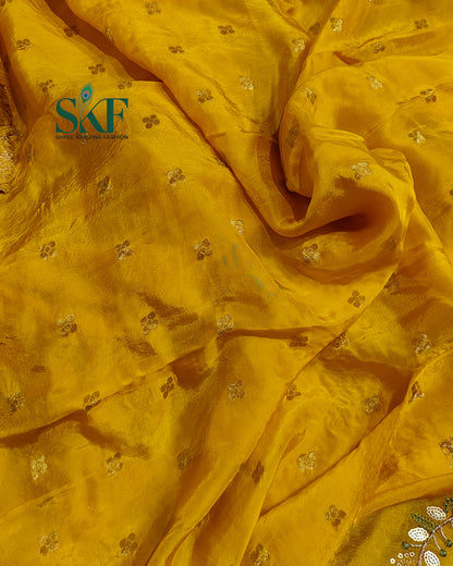 CHINON SEQUENCE EMBROIDERY WEAVING  WORK YELLOW SAREE BY SKFBHOLUBHAI