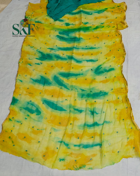 CHIFFON TIEDYE THREAD MIRROR WORK RAMAGREEN SAREE BY SKFBHOLUBHAI