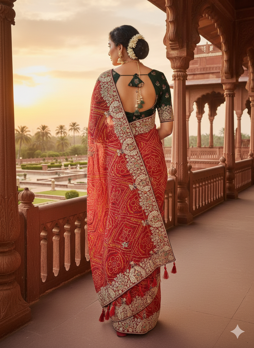 RAJASTHANI BANDHANI WITH NEEMJARI WORK SAREE BY SKFBHOLUBHAI