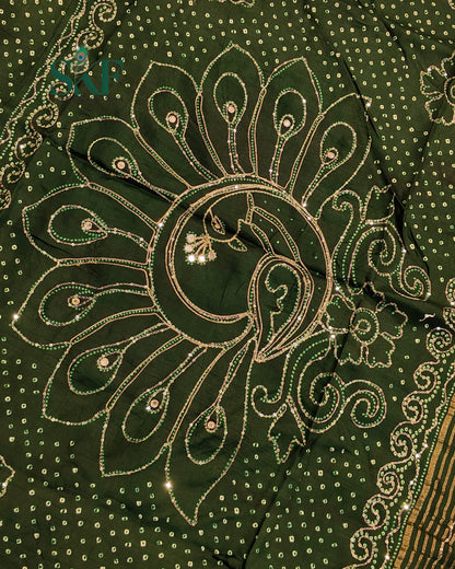 HO SILK BHANDHANI PEACOCK MOTIF AARI AND SEQUENCE WORK BOTTLE GREEN SAREE BY SKFBHOLUBHAI