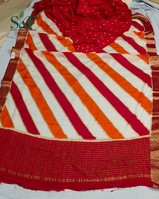 CHINON LEHRIYA EMBROIDERY WEAVING  WORK BORDER MULTICOLOUR SAREE BY SKFBHOLUBHAI