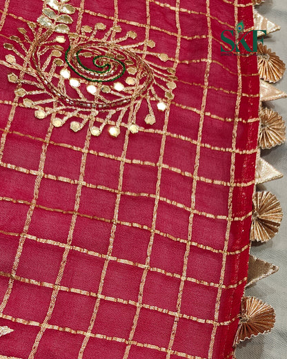 VISCOSS GEORGETTE AARI GOTTA CHEKERD SATIN BORDER WORK RANIPINK SAREE BY SKFBHOLUBHAI
