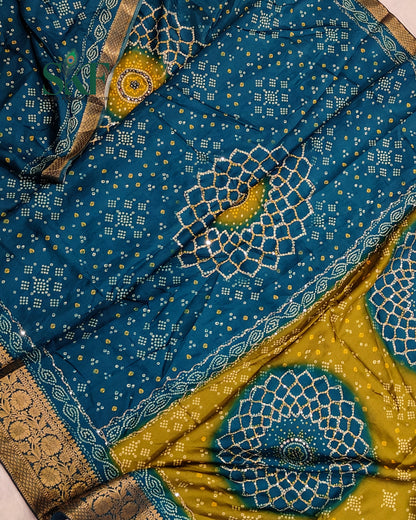 HO SILK BHANDHANI MIRROR WORK TWO TONE TEAL BLUE AND MEHNDI GREEN SAREE BY SKFBHOLUBHAI