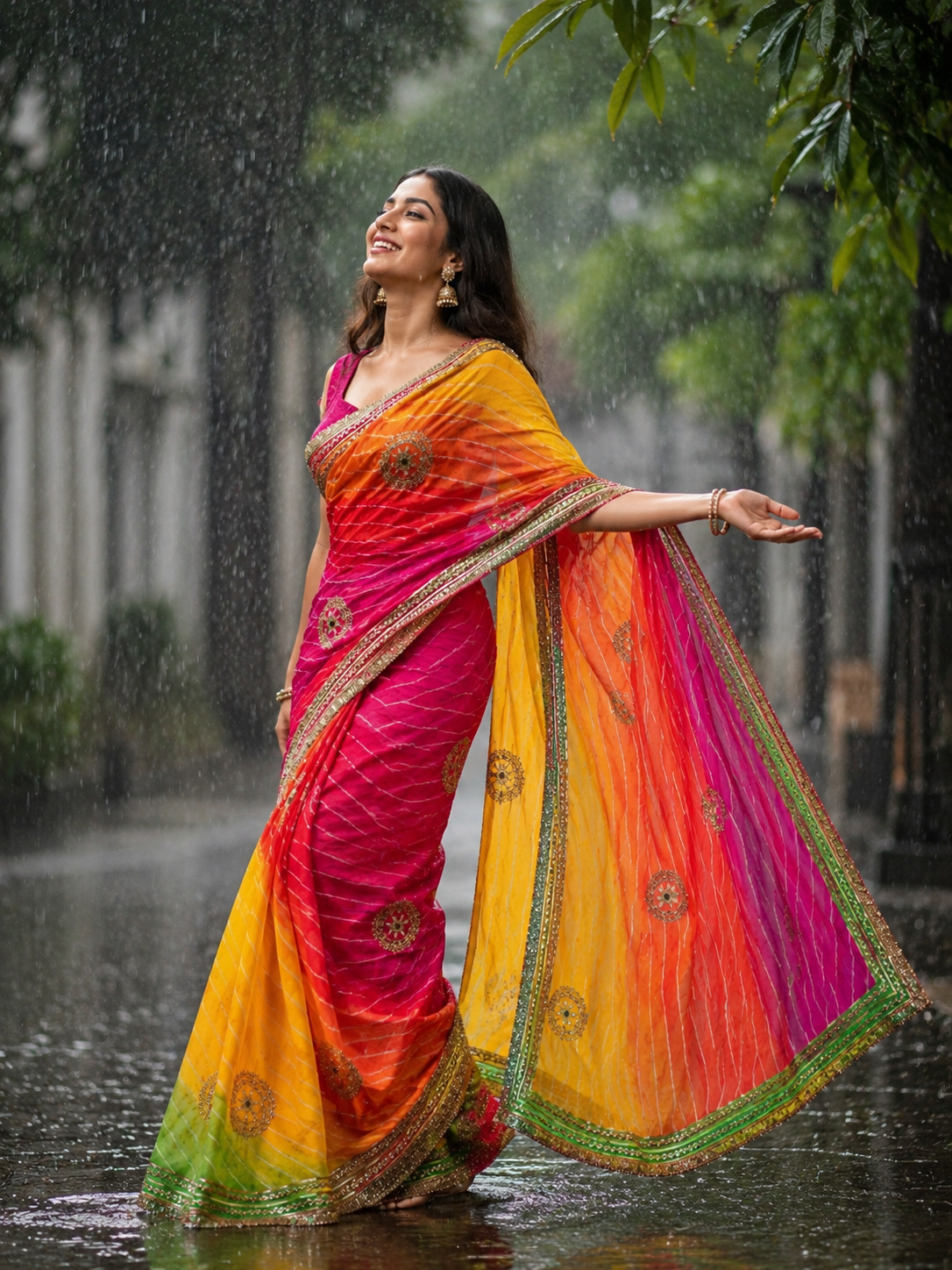 RAJASTHANI PACHRANGA LAHARIYA SAREE CHINON CHIFFON FABRIC WITH KACCHA GOTA WORK BY SKFBHOLUBHAI