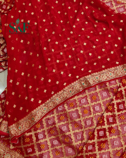 KHADI NEEM JARI GEORGETTE BHANDHANI GREEN STONE ZARDOZI HANDWORK SAREE BY SKFBHOLUBHAI