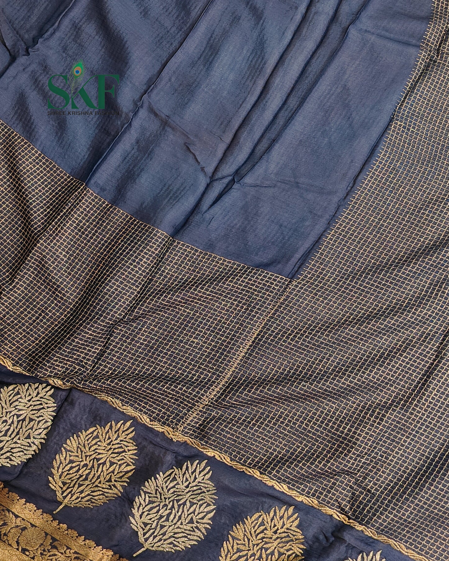 CHINON EMBROIDERY WEAVING BORDER WORK NAVYBLUE SAREE BY SKFBHOLUBHAI
