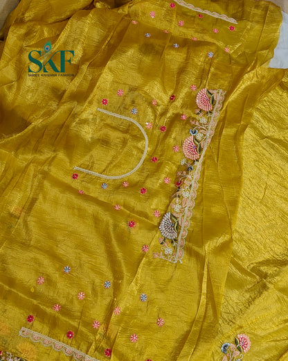 CRUSH TISSUE SIPPI SEQUENCE EMBROIDERY WORK YELLOW SAREE BY SKFBHOLUBHAI