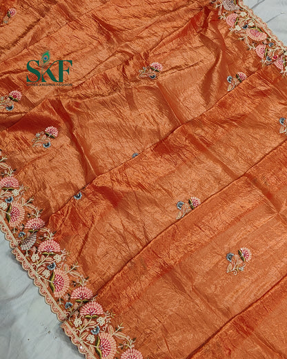 CRUSH TISSUE SIPPI SEQUENCE EMBROIDERY WORK ORANGE RUST SAREE BY SKFBHOLUBHAI