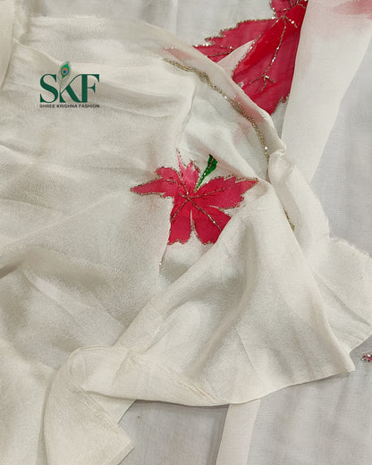 CHIFFON BRUSH PRINT LEAF KARDANA HANDWORK BUTTY WHITE SAREE BY SKFBHOLUBHAI