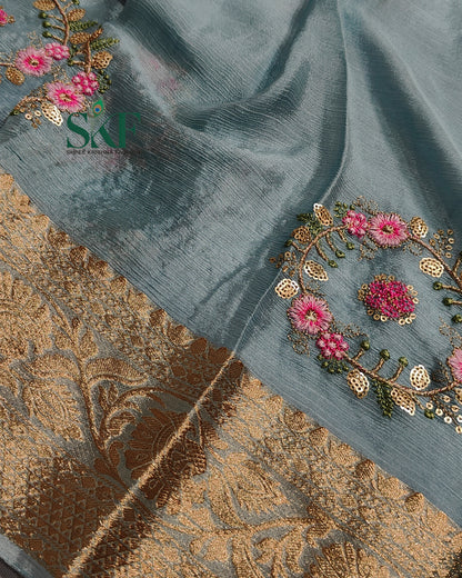CHINON SEQUENCE EMBROIDERY WEAVING  WORK ICE BLUE SAREE BY SKFBHOLUBHAI