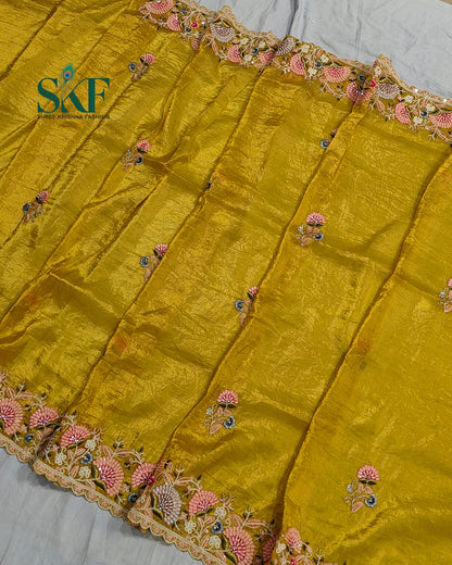 CRUSH TISSUE SIPPI SEQUENCE EMBROIDERY WORK YELLOW SAREE BY SKFBHOLUBHAI