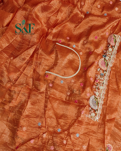 CRUSH TISSUE SIPPI SEQUENCE EMBROIDERY WORK ORANGE RUST SAREE BY SKFBHOLUBHAI