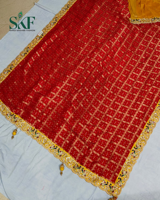 KHADI NEEM JARI GEORGETTE GHATCHOLA BHANDHANI HEAVY WORK BORDER RED SAREE BY SKFBHOLUBHAI