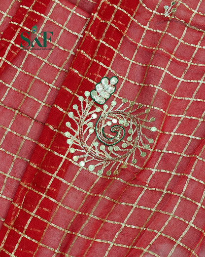 VISCOSS GEORGETTE AARI GOTTA CHEKERD SATIN BORDER WORK RED SAREE BY SKFBHOLUBHAI