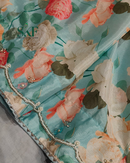 CHINON FLORAL DIGITAL PRINT HANDWORK SEEGREEN SAREE BY SKFBHOLUBHAI