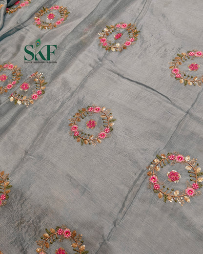 CHINON SEQUENCE EMBROIDERY WEAVING  WORK ICE BLUE SAREE BY SKFBHOLUBHAI