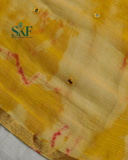 CHIFFON TIEDYE THREAD MIRROR WORK YELLOW SAREE BY SKFBHOLUBHAI