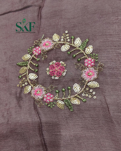 CHINON SEQUENCE EMBROIDERY WEAVING  WORK LILAC SAREE BY SKFBHOLUBHAI